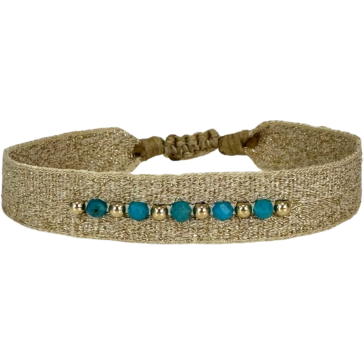 Golden Handwoven Bracelet Featuring Turquoise Gemstones And Gold Details